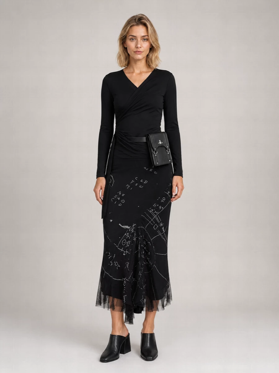 Rick Owens Silk Printed Ribbed-Waist Calf-Length Asymmetric Skirt