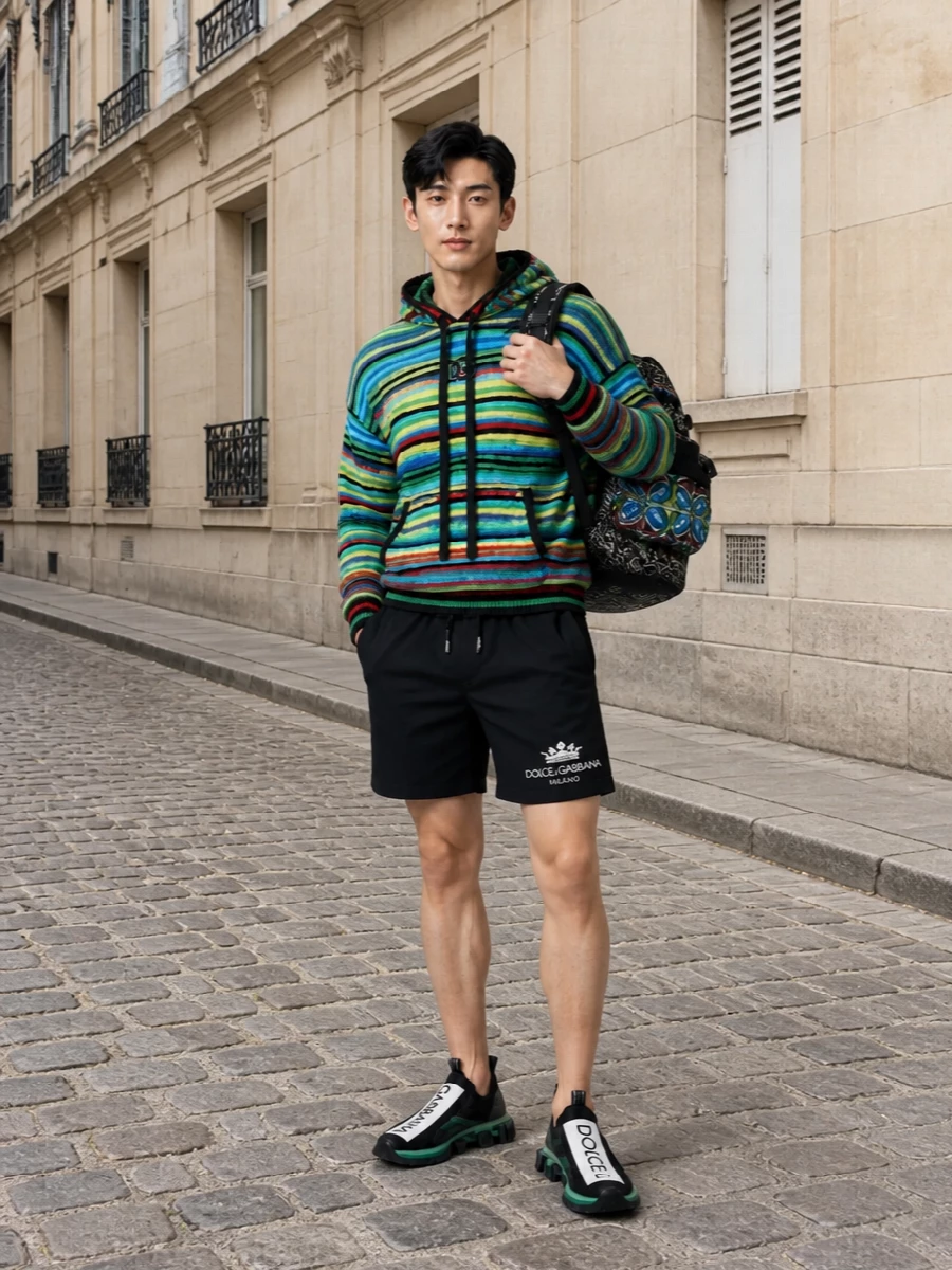 Dolce gabbana striped hoodie black shorts outfit