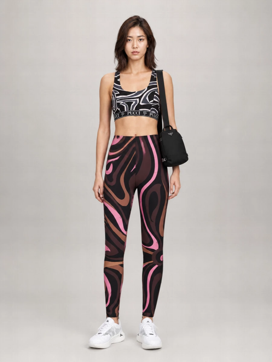Head-to-toe Pucci print turns this into a graphic training set that moves seamlessly from reformer sessions to coffee runs. The monochrome runners and technical Prada sling keep things practical and streamlined, letting the swirling bra and legging combo stay front and center. A softly geometric Pucci scarf adds just enough extra attitude if you want a touch of styling beyond pure performance.