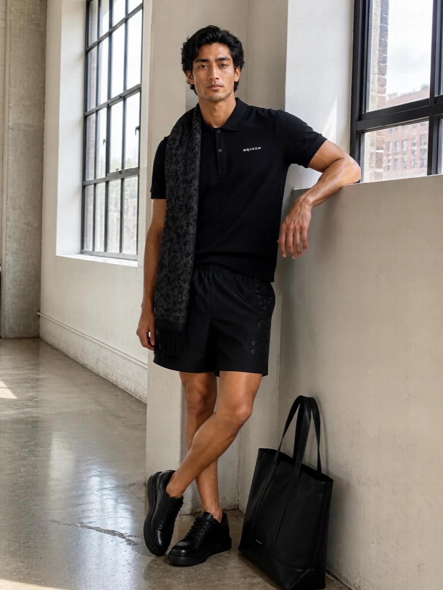 Alexander mcqueen black polo swim shorts outfit