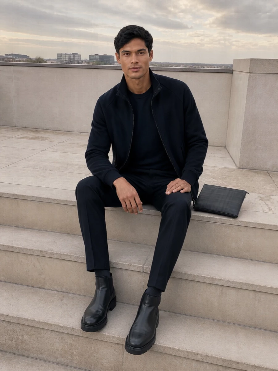 Baracuta navy bomber tailored trousers boots