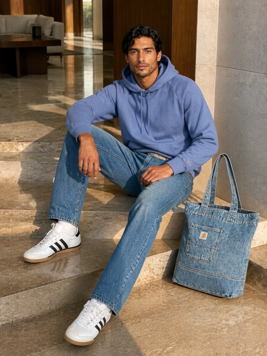 Carhartt jeans blue hoodie adidas sneakers