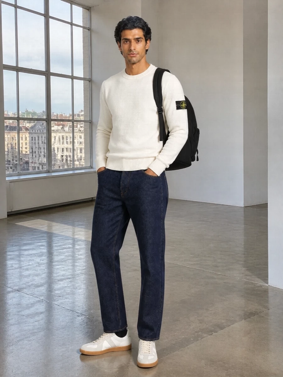 Stone island knit dark jeans margiela sneakers