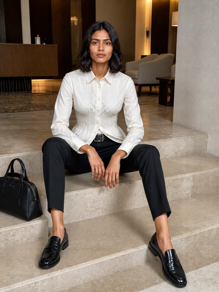 Prada charcoal trousers ivory shirt outfit