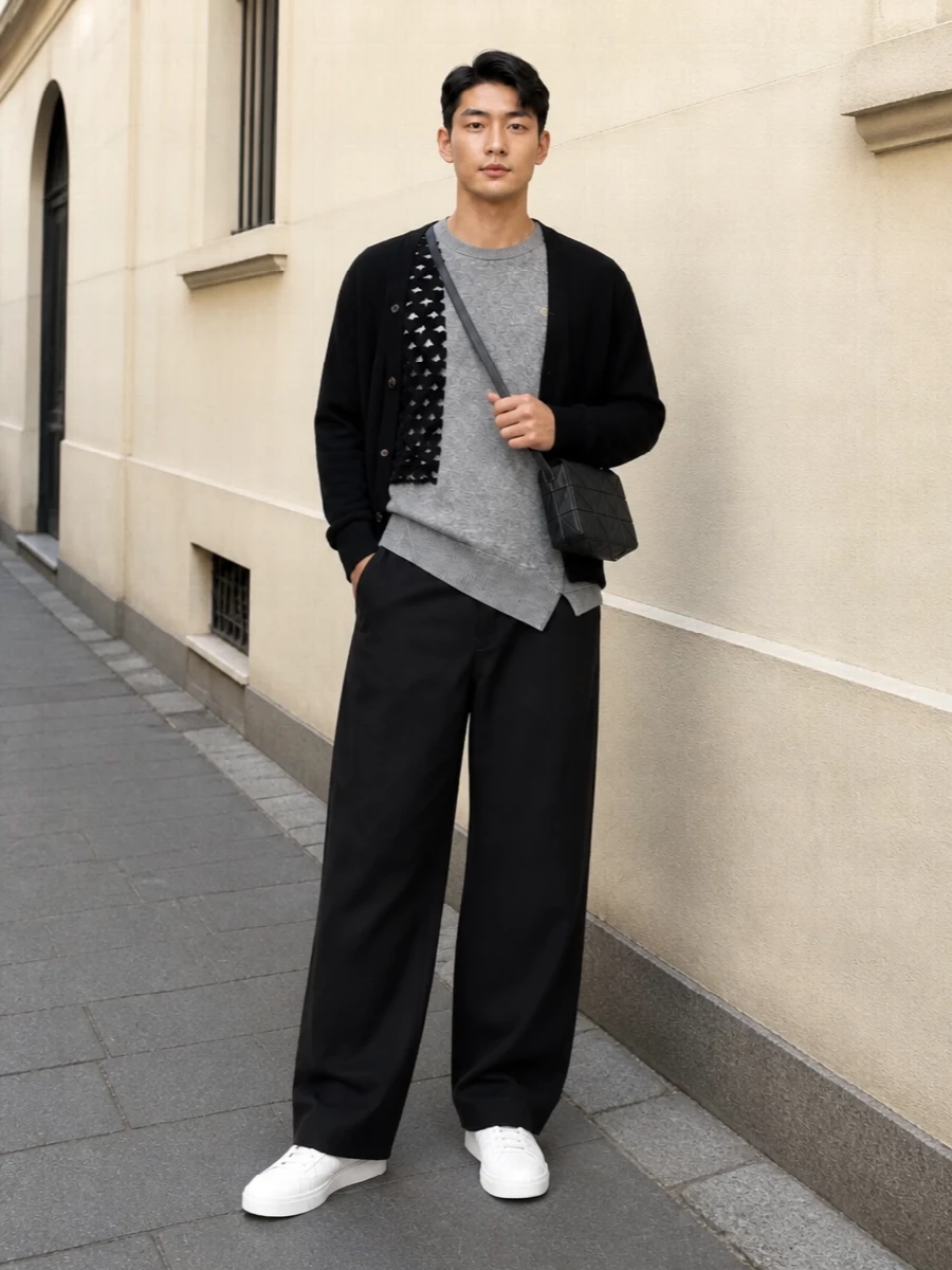 Comme des garcons cardigan wide leg jeans outfit
