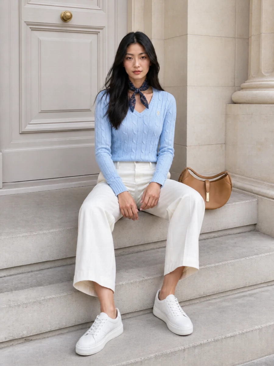 A sky-blue cable-knit is paired with crisp ivory wide-leg trousers for a soft, nautical take on quiet preppy style. Off-white sneakers keep the mood relaxed yet considered, while a camel leather hobo and a neat navy silk square scarf add just enough structure for town, travel or an easy office Friday. The result feels calm, tonal and quietly confident rather than over-styled.