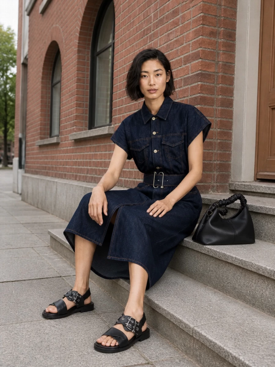Dark denim on denim gets a precise, city edge with black hardware-driven accents. The cinched waist and midi length feel intentional, while flat sandals and a structured bag keep it grounded and easy. It is the kind of uniform that handles errands, meetings and casual dinners without changing a thing.