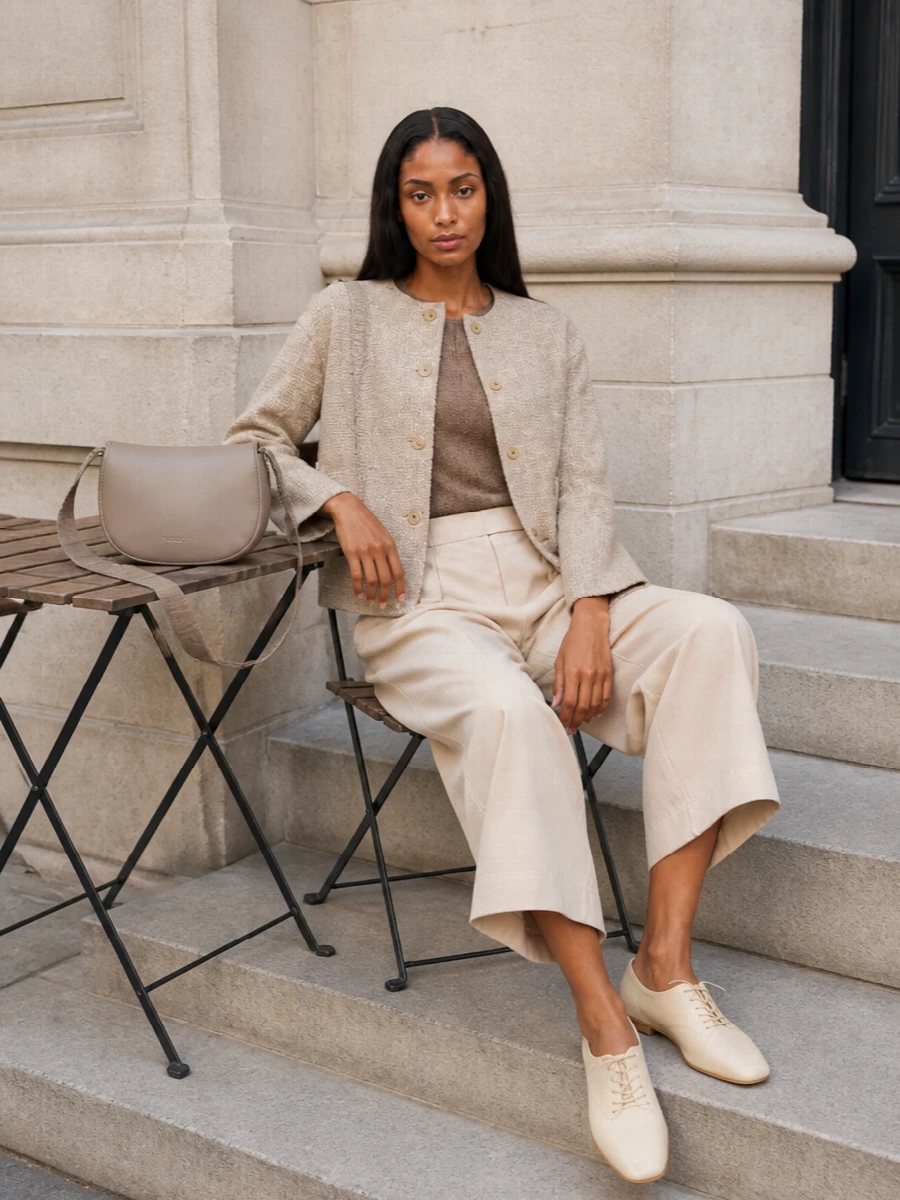 Emporio armani neutral jacket wide leg pants outfit
