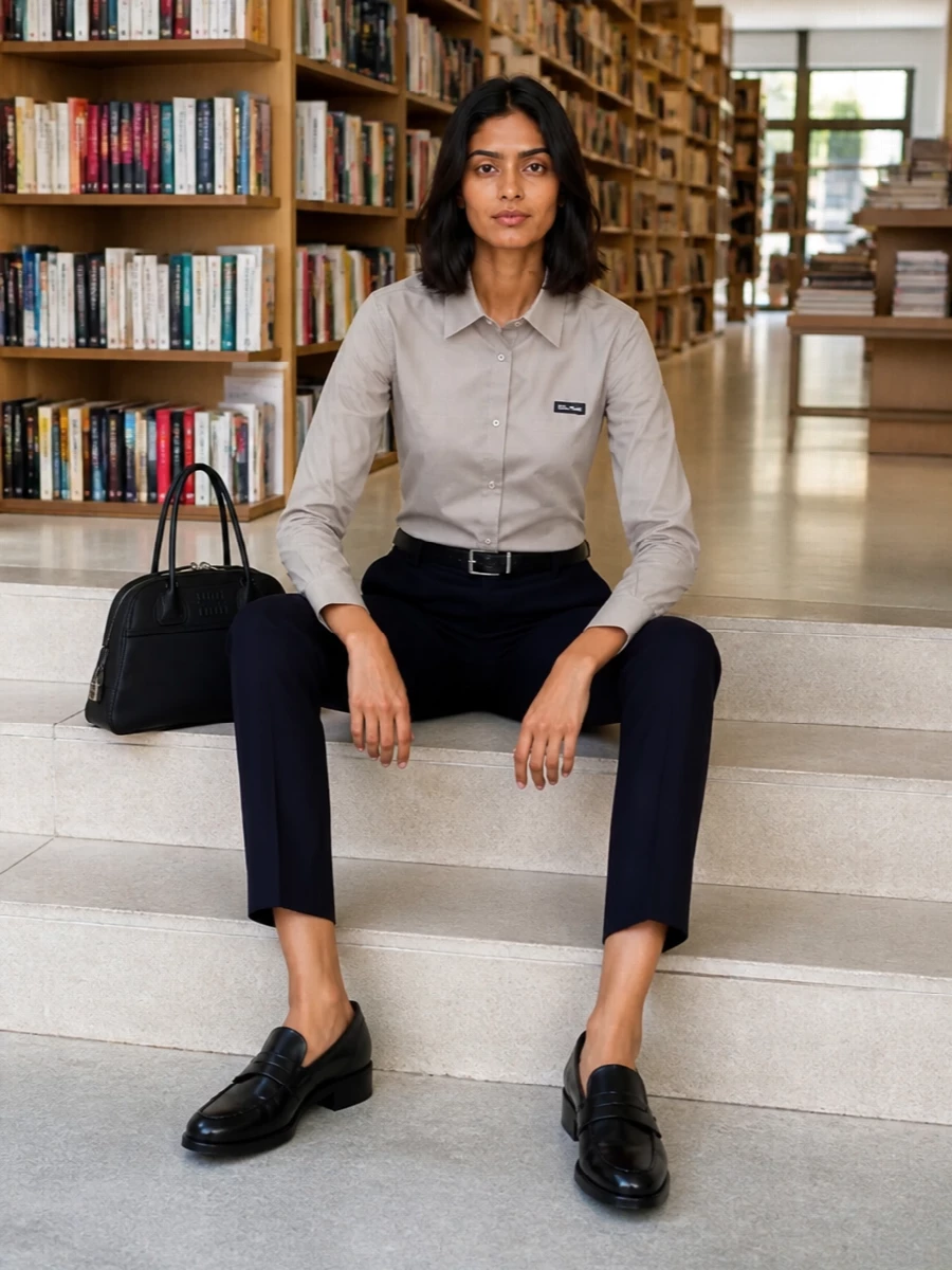 Miu miu taupe shirt navy tailored trousers