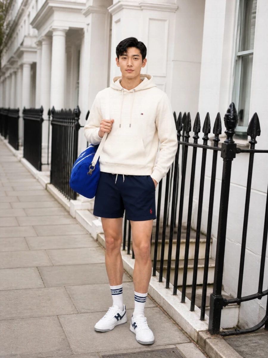A cream collegiate hoodie sits over classic navy swim shorts for a clean, athletic summer uniform that works from poolside to coffee run. White and navy Hogan sneakers and striped sport socks keep the palette tight while adding just enough structure. A royal-blue duffle finishes the story with a practical, gym-to-weekend energy that stays firmly in the preppy sports lane.