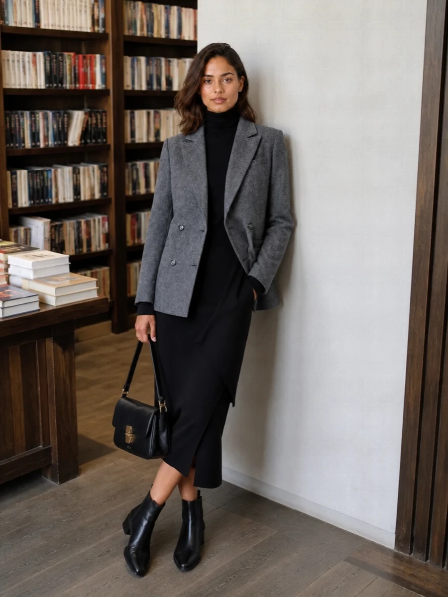 I’m anchoring this around the blazer and the dress path, letting the jacket sit over a clean black knit column rather than breaking the line with separate top and trouser. The result is a quietly assertive city outfit, with the pointed Chelsea boots and structured shoulder bag sharpening the silhouette without adding noise. It moves easily from late office days to dinner, staying firmly in that pared-back, Paris-meets-metropolitan mood.