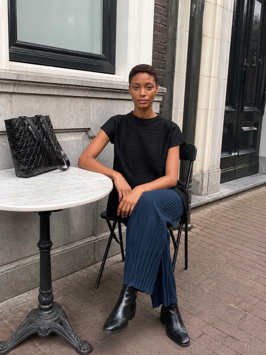 Pleats please tunic teal trousers prada boots