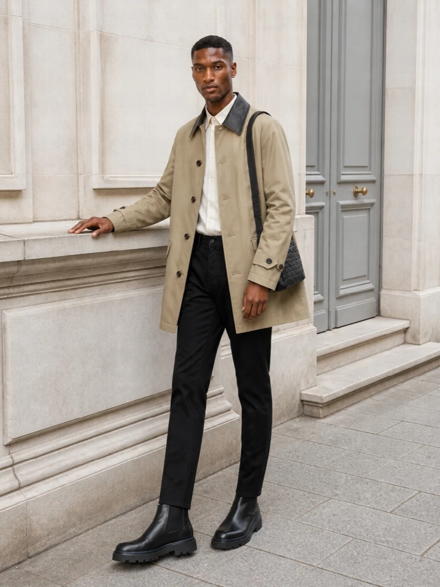Burberry car coat black trousers chelsea boots