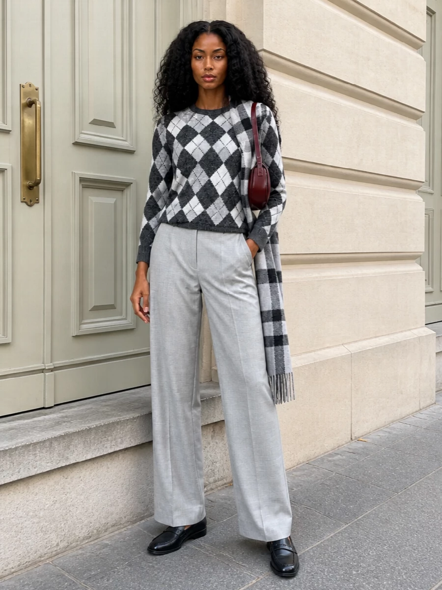 Parosh argyle sweater grey trousers prada loafers
