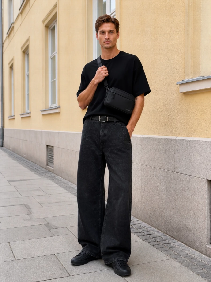 Fear of god wide leg jeans black tee sneakers