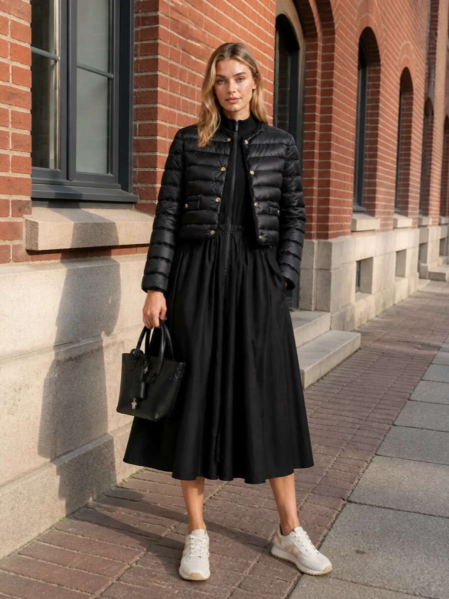 I am anchoring this with the dress rather than top and bottom, because the cropped padded jacket really sings over a single long, technical column instead of breaking the line at the waist twice. The black zip-front midi dress echoes the jacket’s utility hardware and creates an elongated, quietly graphic silhouette that the neutrally toned runners soften just enough. A structured black mini tote keeps everything in the same Moncler, city-ready tier, so the result reads as streamlined, modern and wearable from travel days to low-key dinners.