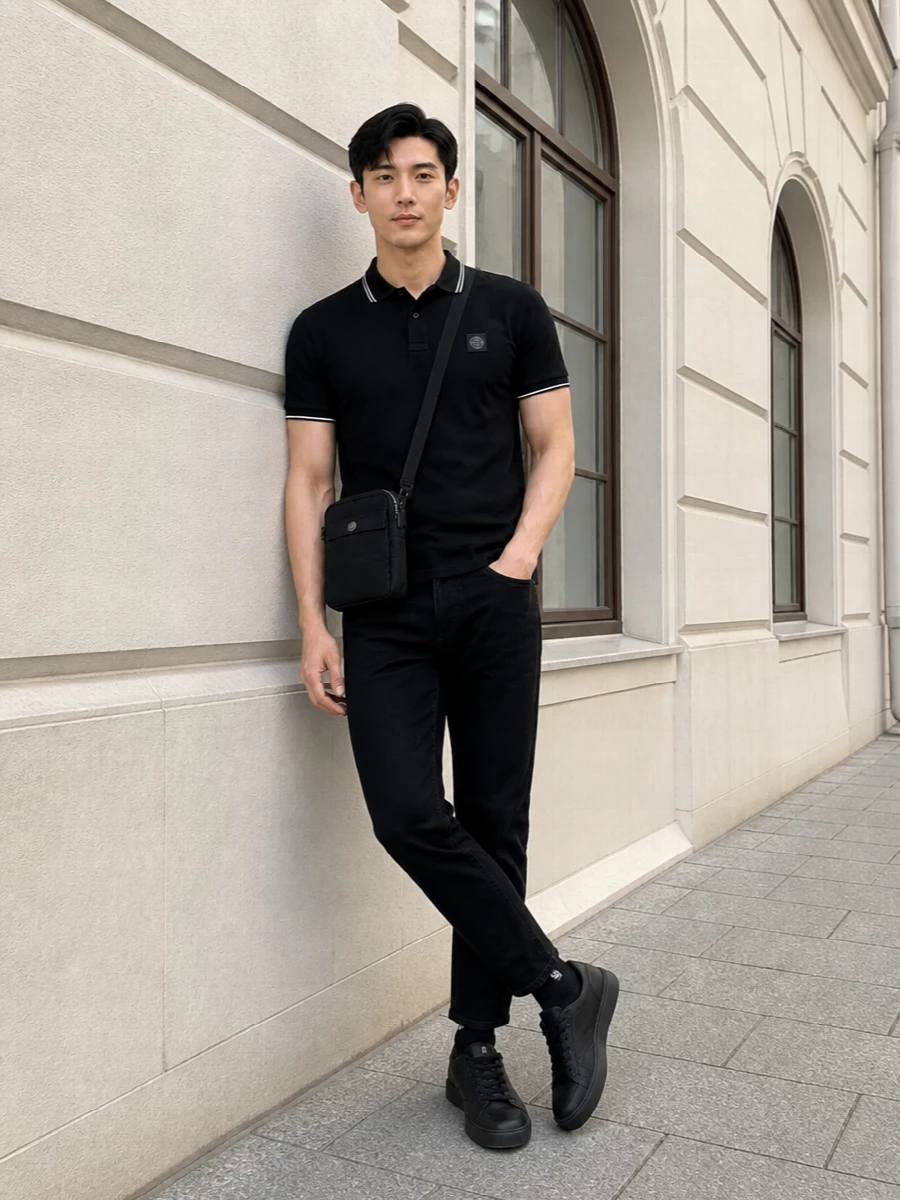 A clean, all-black Stone Island ensemble that leans athletic but reads put-together for the city. The tipped polo and straight-leg jeans keep lines sharp, while low-profile technical sneakers and a compact crossbody stay practical without breaking the silhouette. Black crew socks bridge everything so the eye moves smoothly from collar to cuff to sole.