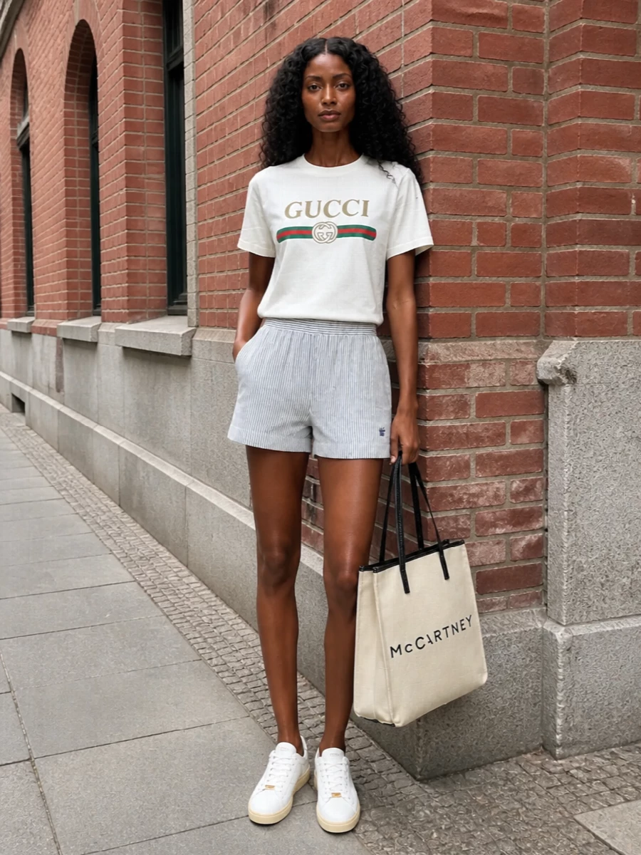 Gucci’s logo tee pairs with striped Stella shorts for a crisp, sporty-preppy outfit that feels polished but relaxed. White Valentino sneakers keep the line clean and fresh, while the structured Stella tote adds a sharp city note without disturbing the easy silhouette.