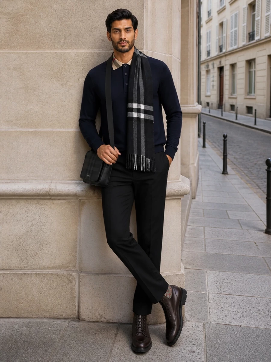 Mens navy polo black chinos outfit boots