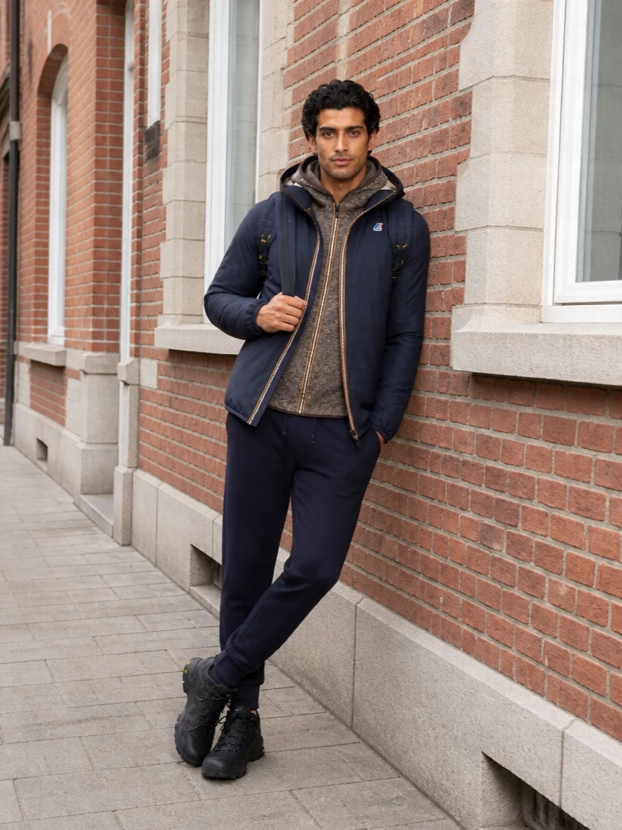 K way navy jacket joggers hiker sneakers