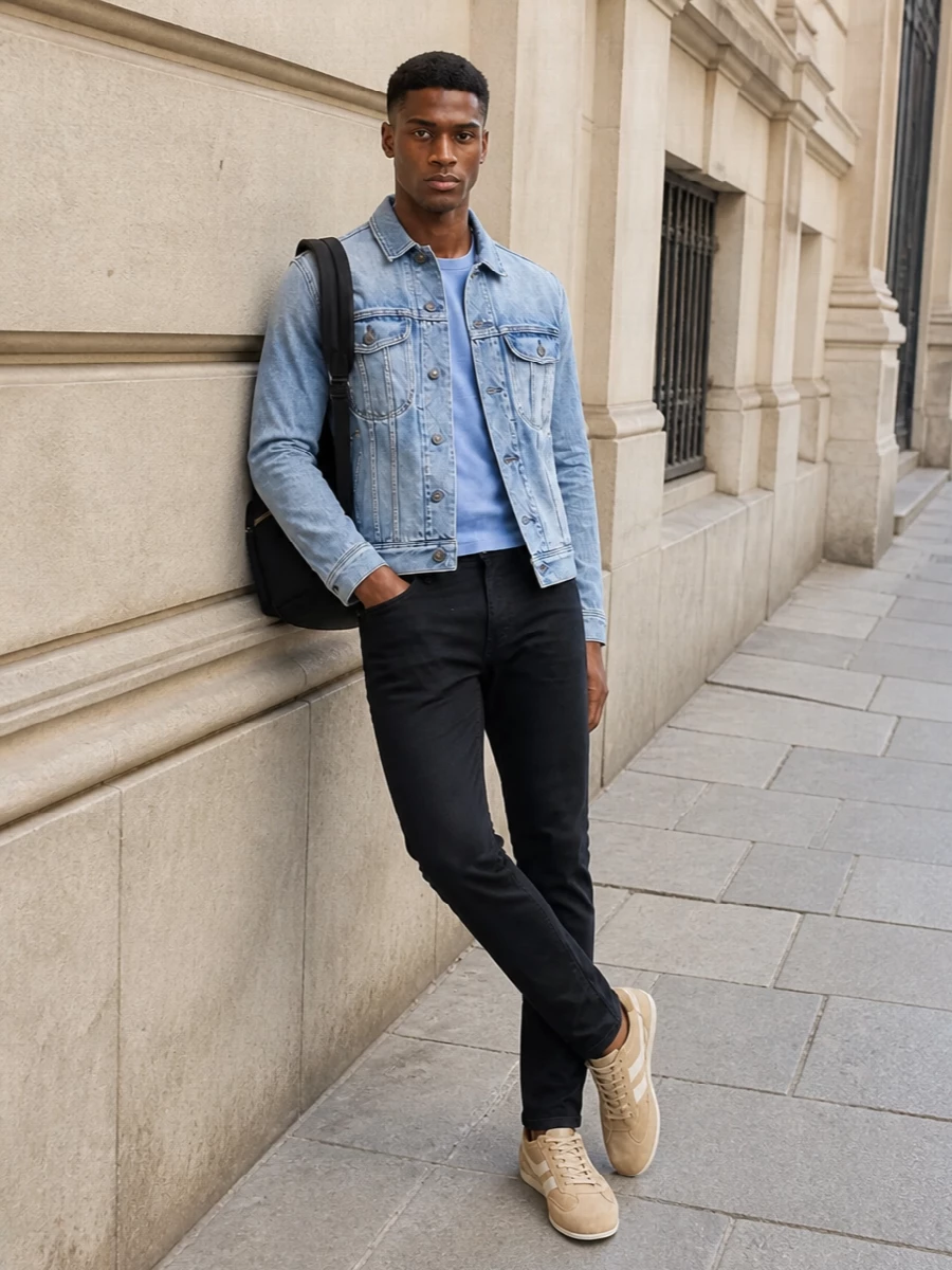 This look leans into Tom Ford’s elevated city-off-duty vibe: a sun-faded denim trucker over a pristine light-blue tee, anchored by slim black five-pocket trousers. Sand suede sneakers soften the contrast and keep it relaxed, while the structured black backpack adds quiet, functional polish for everyday movement through the city.