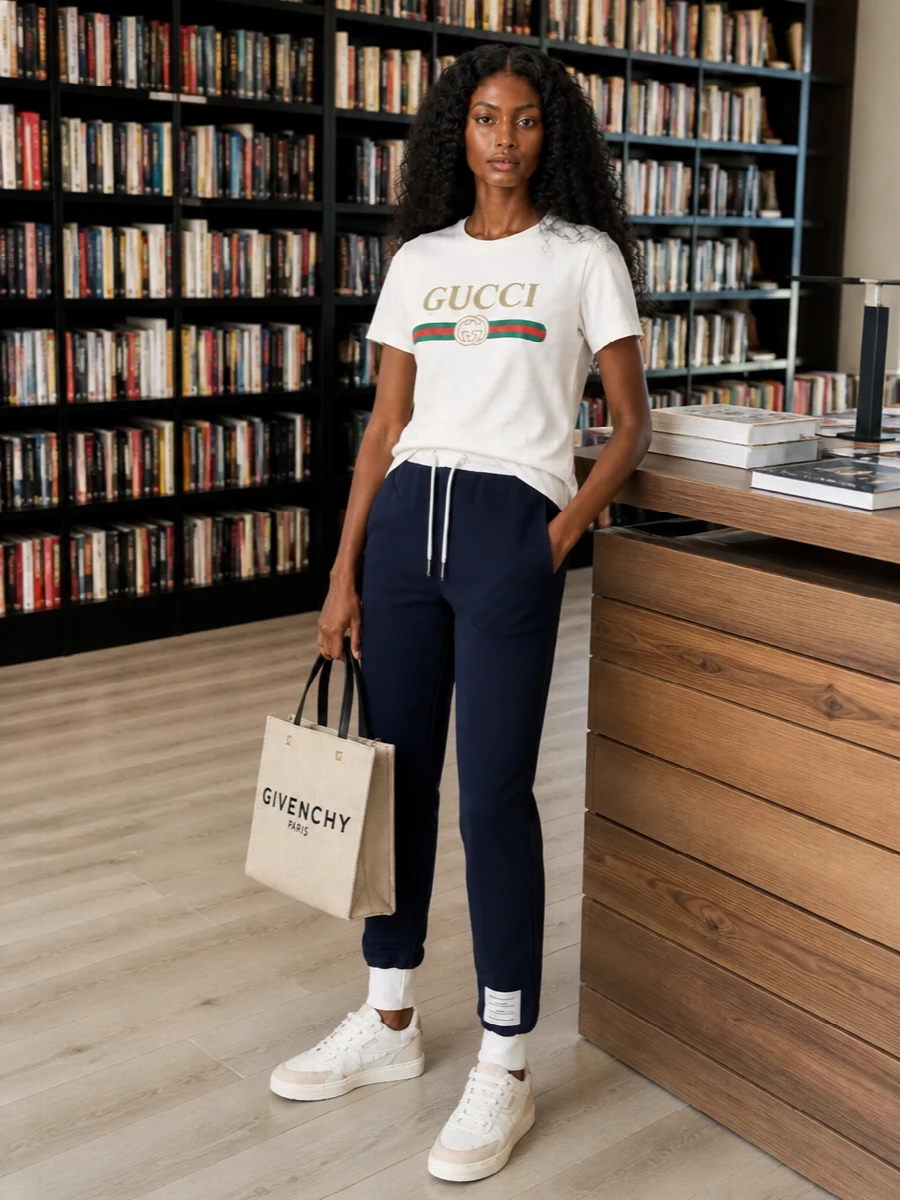 Gucci’s logo tee meets Thom Browne’s clean navy joggers for a sport-driven take on preppy streetwear, relaxed but still sharply considered. Palm Angels’ warm neutral sneakers echo the tee’s tones, while the Givenchy canvas tote adds a structured, logo-forward finish that feels city ready without tipping into fuss.