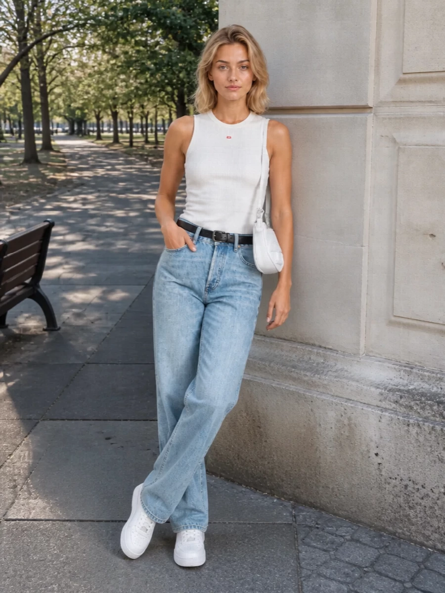 Diesel white tank light wash jeans sneakers