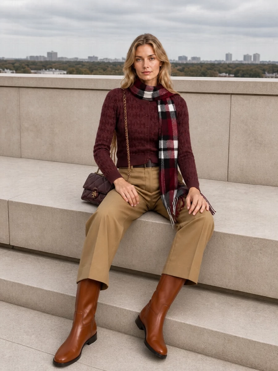 Tory burch burgundy cardigan camel wide trousers