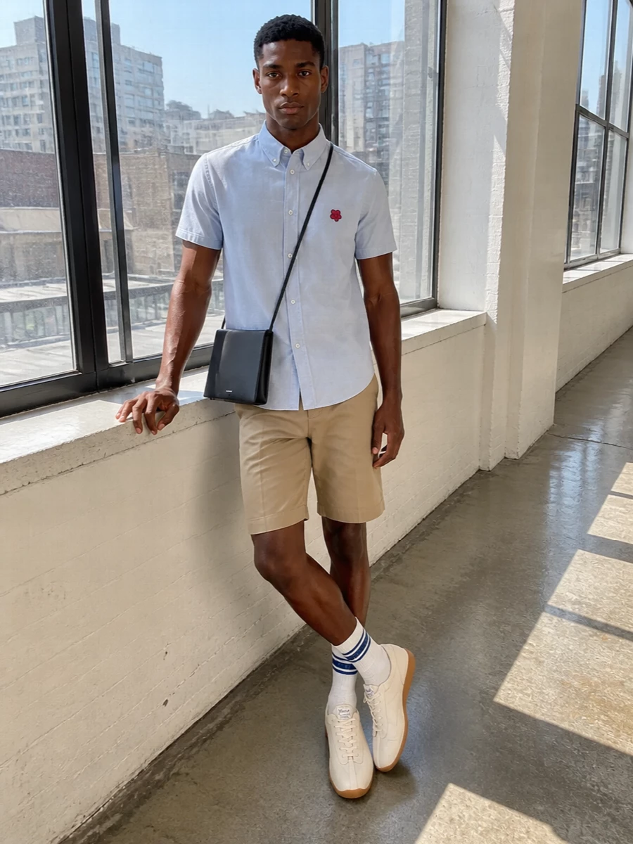 Kenzo shirt khaki shorts cream sneakers outfit