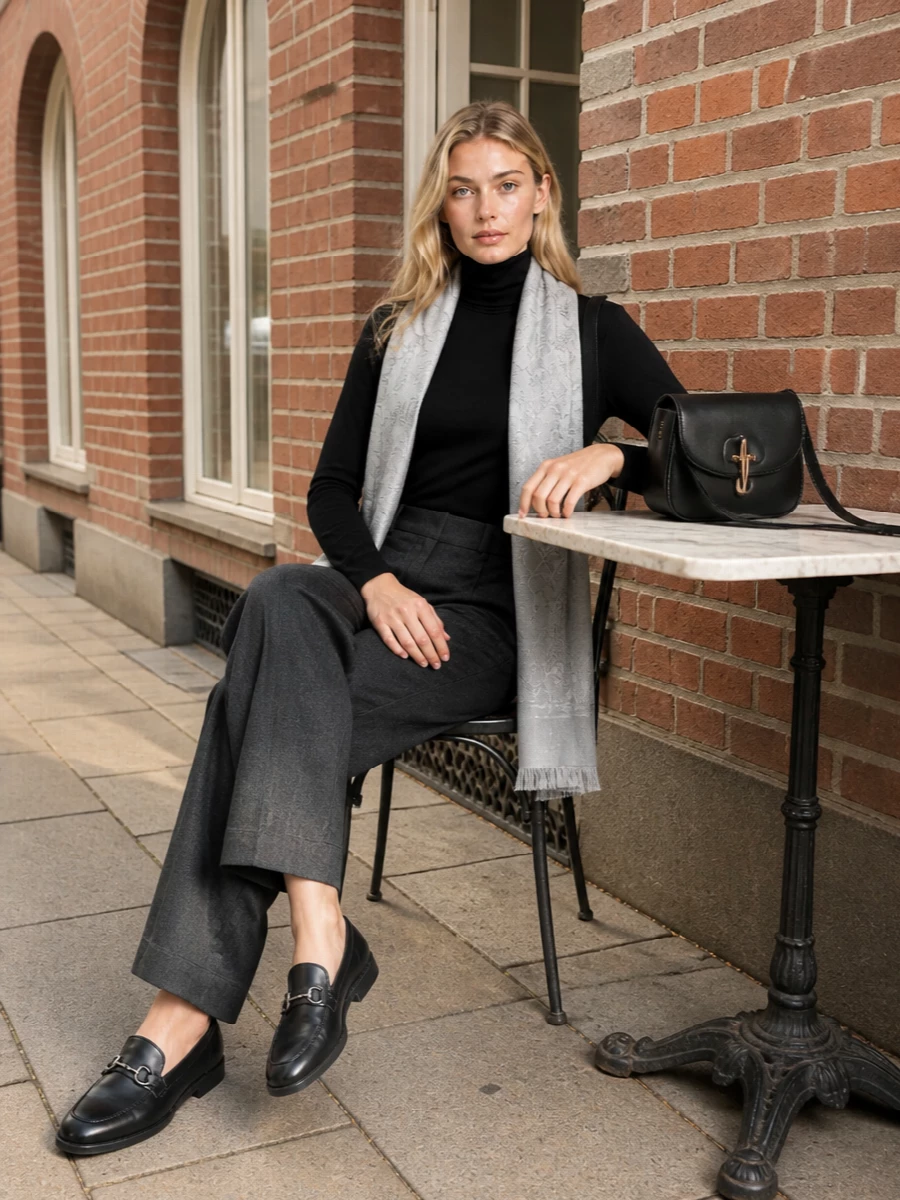 Gucci black turtleneck wide leg trousers outfit