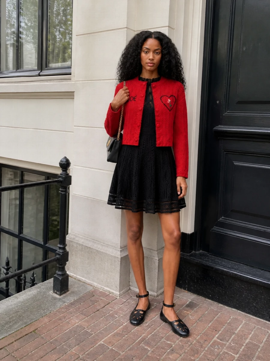 Chloe red cardigan black knit mini dress outfit