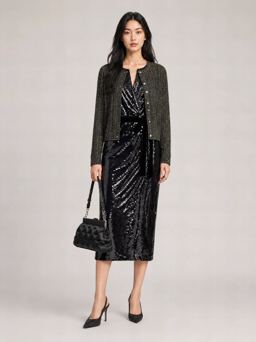 I’m styling the Dior sequinned cardigan as the soft-structured jacket over Alberta Ferretti’s black sequin wrap midi, creating one long, tonal column of shimmer that feels controlled rather than showy. Rene Caovilla’s crystal slingbacks and the satin Margiela frame bag pick up the silver notes, keeping everything in the same black and gunmetal story for a modern, tailored cocktail ensemble. The proportions stay lean and vertical, so the cardigan reads intentional and evening appropriate, not like an afterthought layer.
