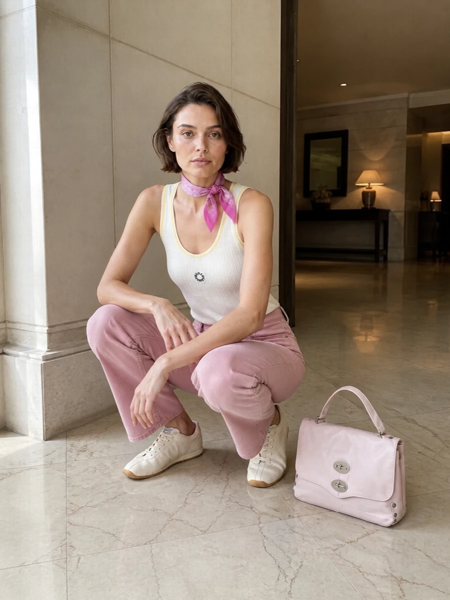 Kenzo blush trousers ivory tank sneakers