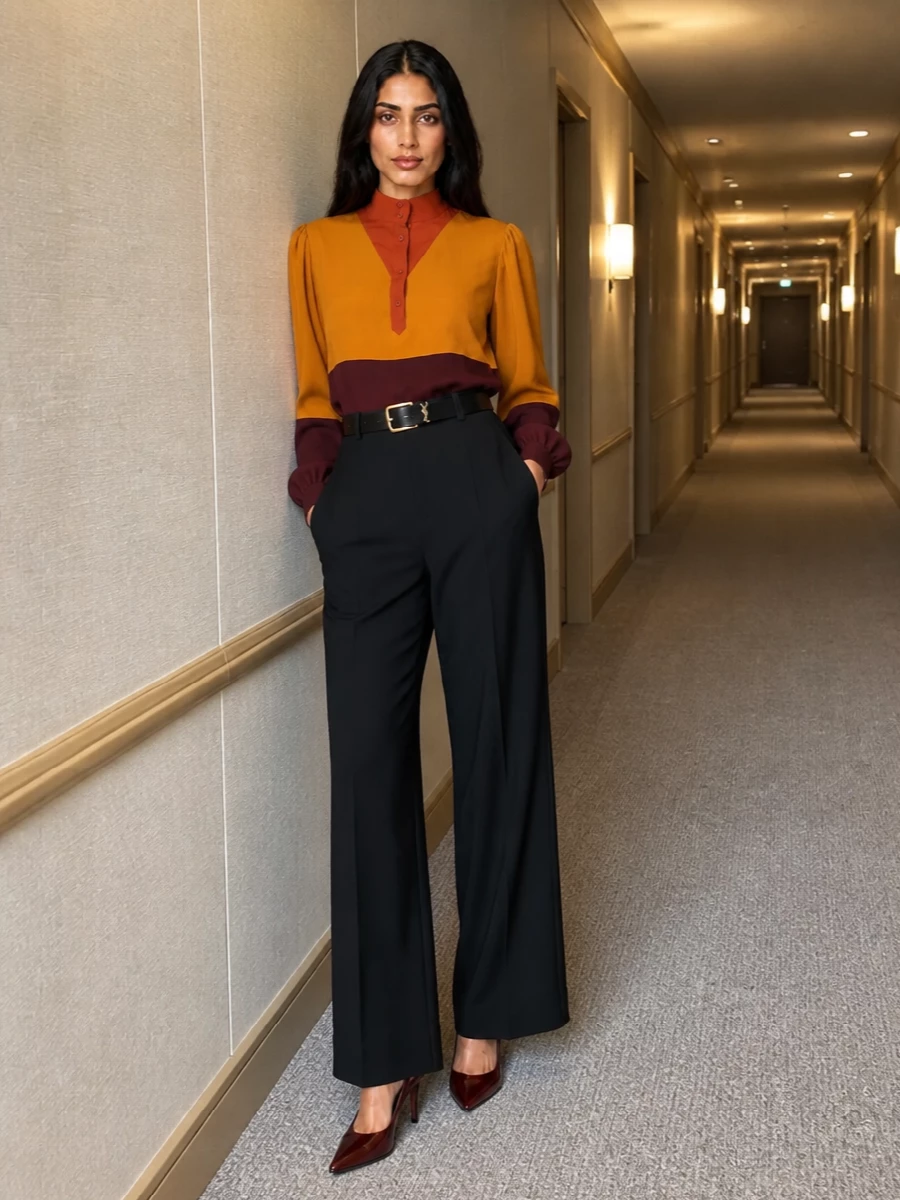 Saint laurent color block blouse wide leg trousers