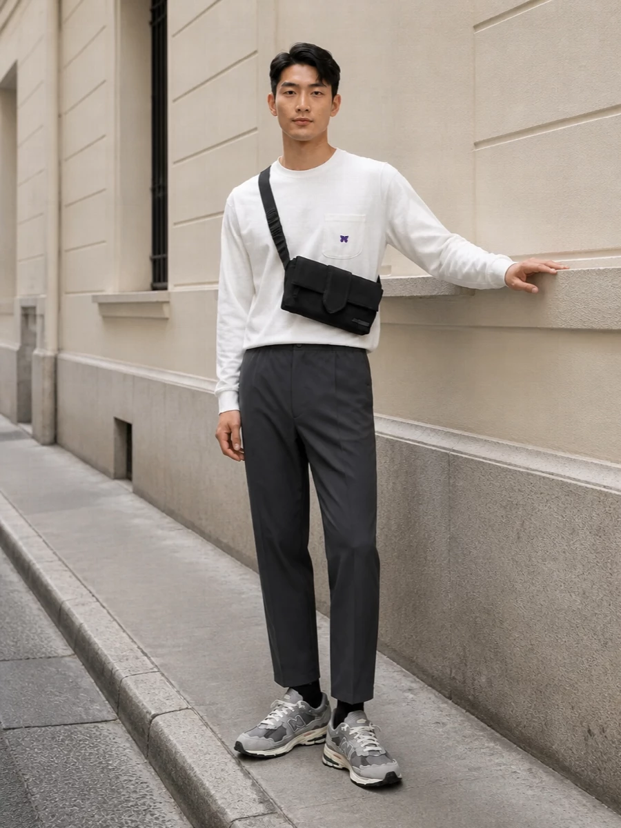 Needles charcoal pants off white tee new balance