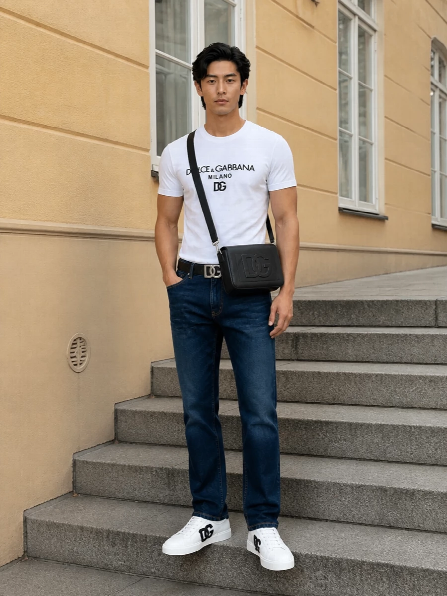 Dolce gabbana dark jeans white logo tee outfit