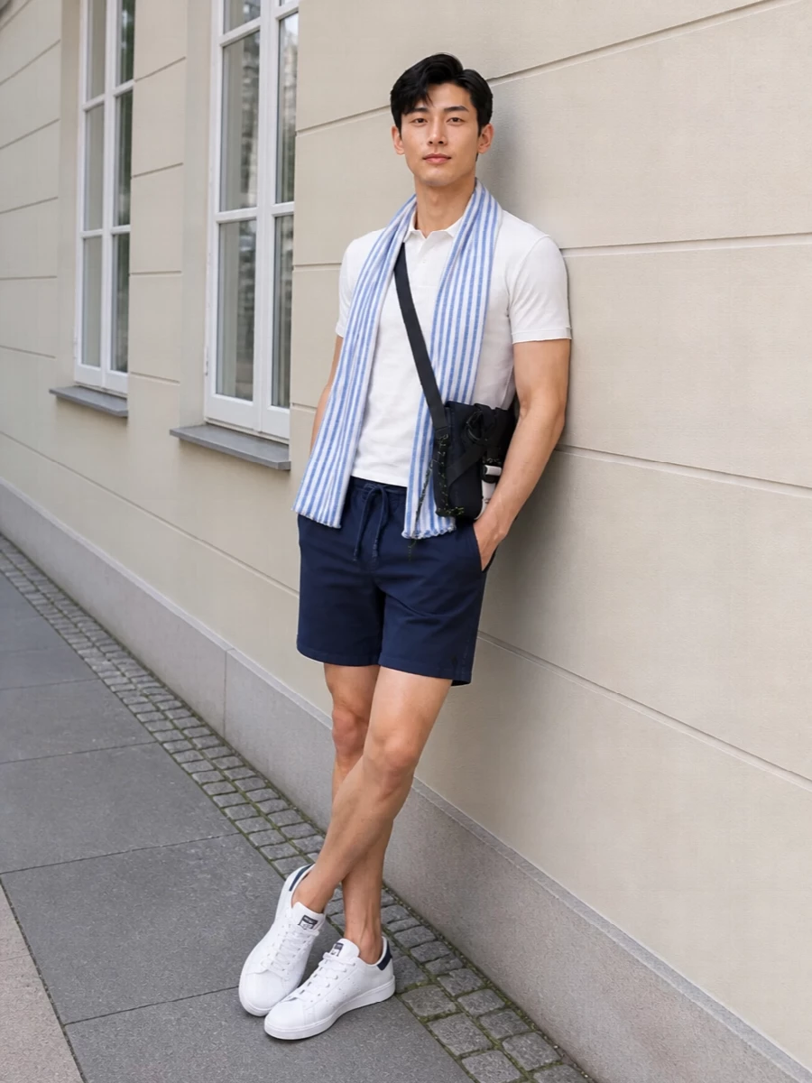 K way polo navy polo shorts adidas sneakers