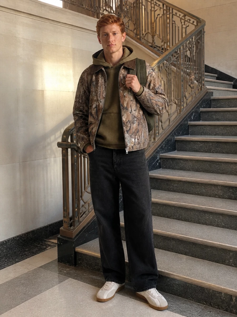 Represent camo jacket black jeans trainers