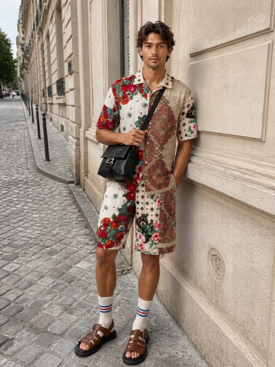 Moschino patchwork shirt outfit sandals