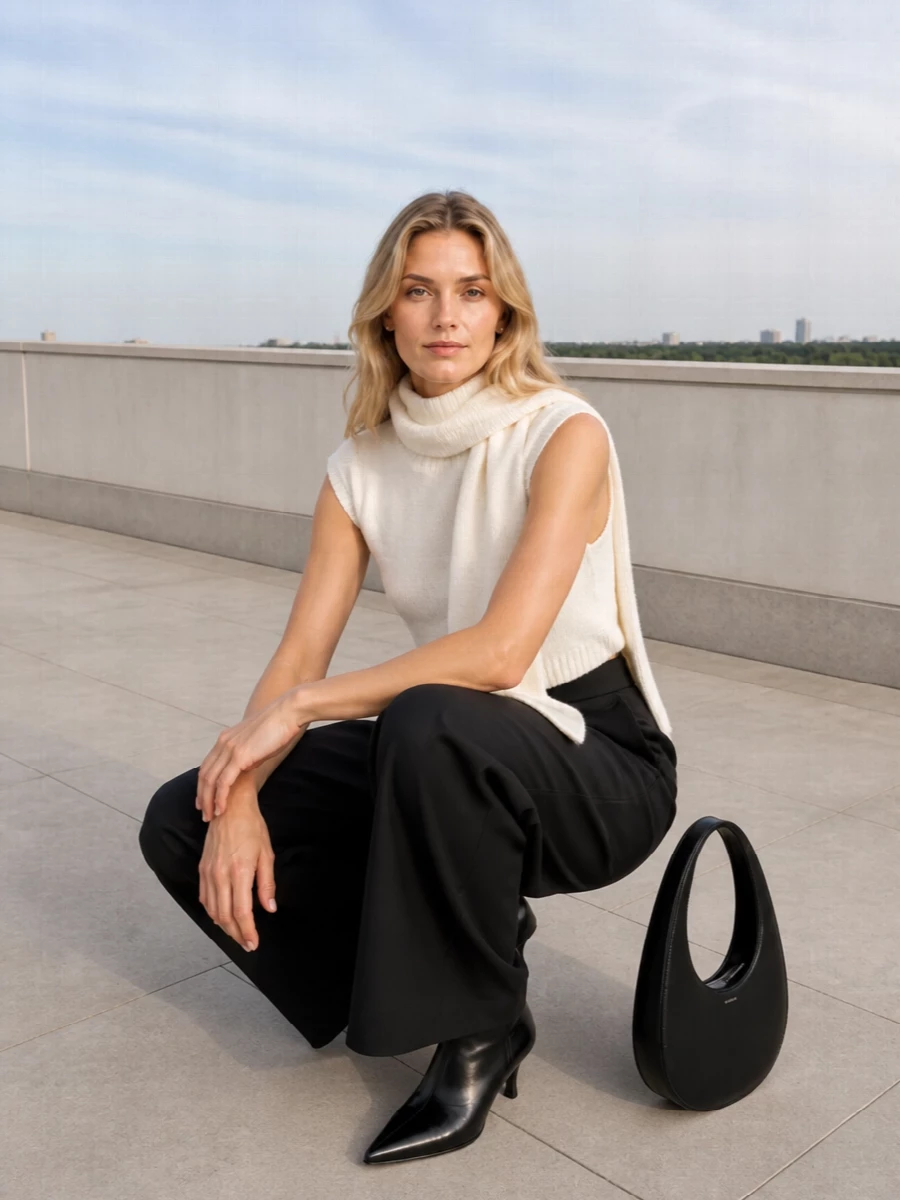 Soft ivory against deep black keeps this Sportmax pairing precise yet understated, with the cropped knit sitting perfectly over the long, high-waisted wide-leg trouser. A sharp pointed ankle boot and sculptural black shoulder bag finish it in that modern, city-ready register that moves easily from office hours to understated evening plans.