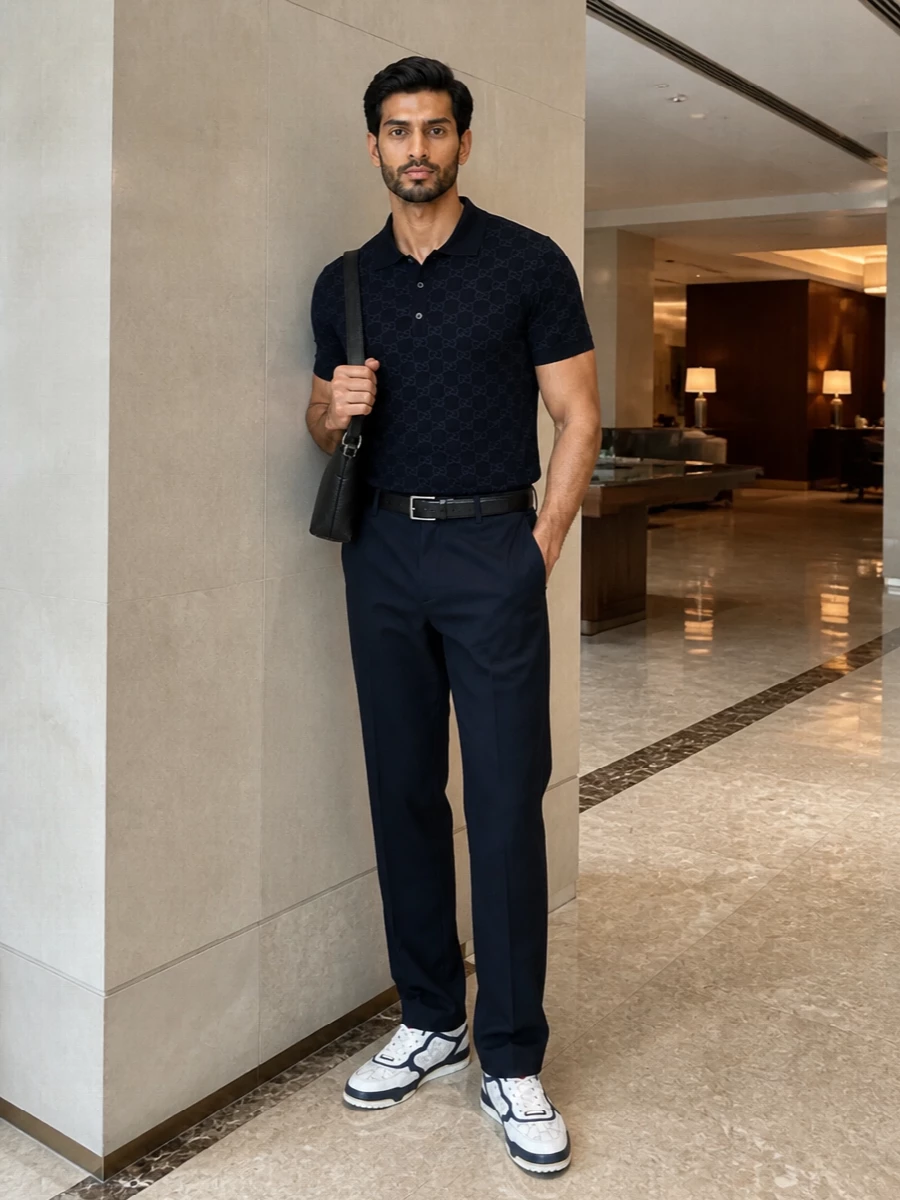 This look leans into a deep-navy monochrome story: the GG-knit polo sits over crisp, straight-leg tailored trousers for a refined take on off-duty tailoring. Off-white and navy court sneakers introduce a light, sporty base, while the sculpted black shoulder bag and discreet textured belt finish the outfit with understated, design-led polish. It’s relaxed, logo-aware, and quietly luxurious from terrace drinks to casual dinners in the city.