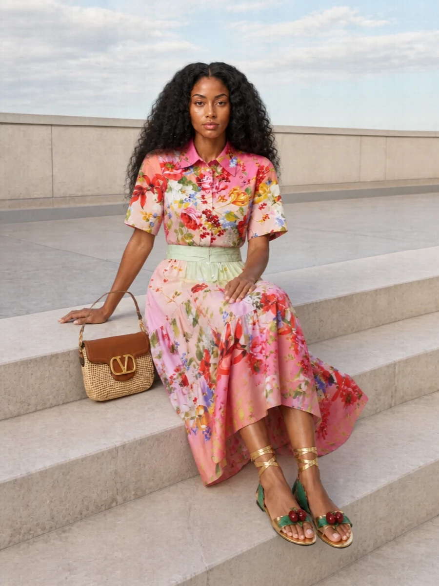 Roberto cavalli floral shirt tiered midi outfit