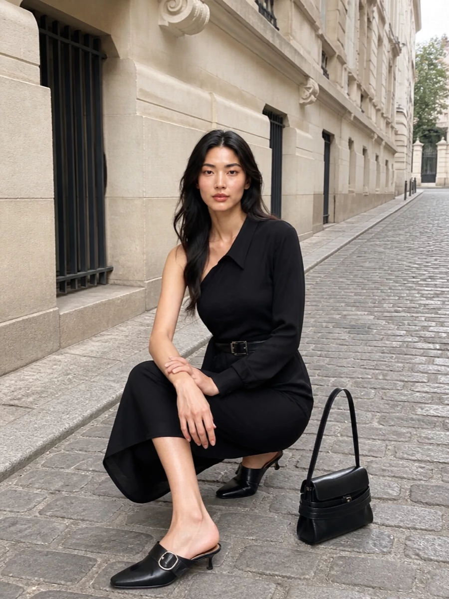 Moschino black asymmetric dress minimalist heels