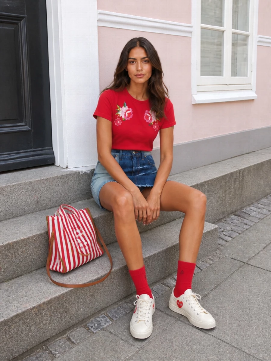 Kenzo red floral tee denim mini skirt outfit