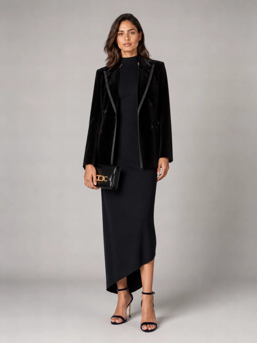I am styling the velvet Fendi tuxedo blazer as pure evening outerwear over a single, uninterrupted black dress column rather than diluting it with a second layer of tailoring and trousers. The halterneck’s high neck and asymmetric hem create a long, modern line that lets the blazer slip on and off without disturbing the silhouette, while the navy velvet sandals and compact black flap bag keep everything firmly in the quiet, high-gloss night space. This is for dinners and openings where you want the jacket to feel like a final gesture, not just part of a suit.