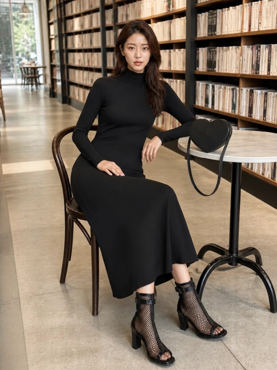 Alaia black knit midi dress mesh ankle boots