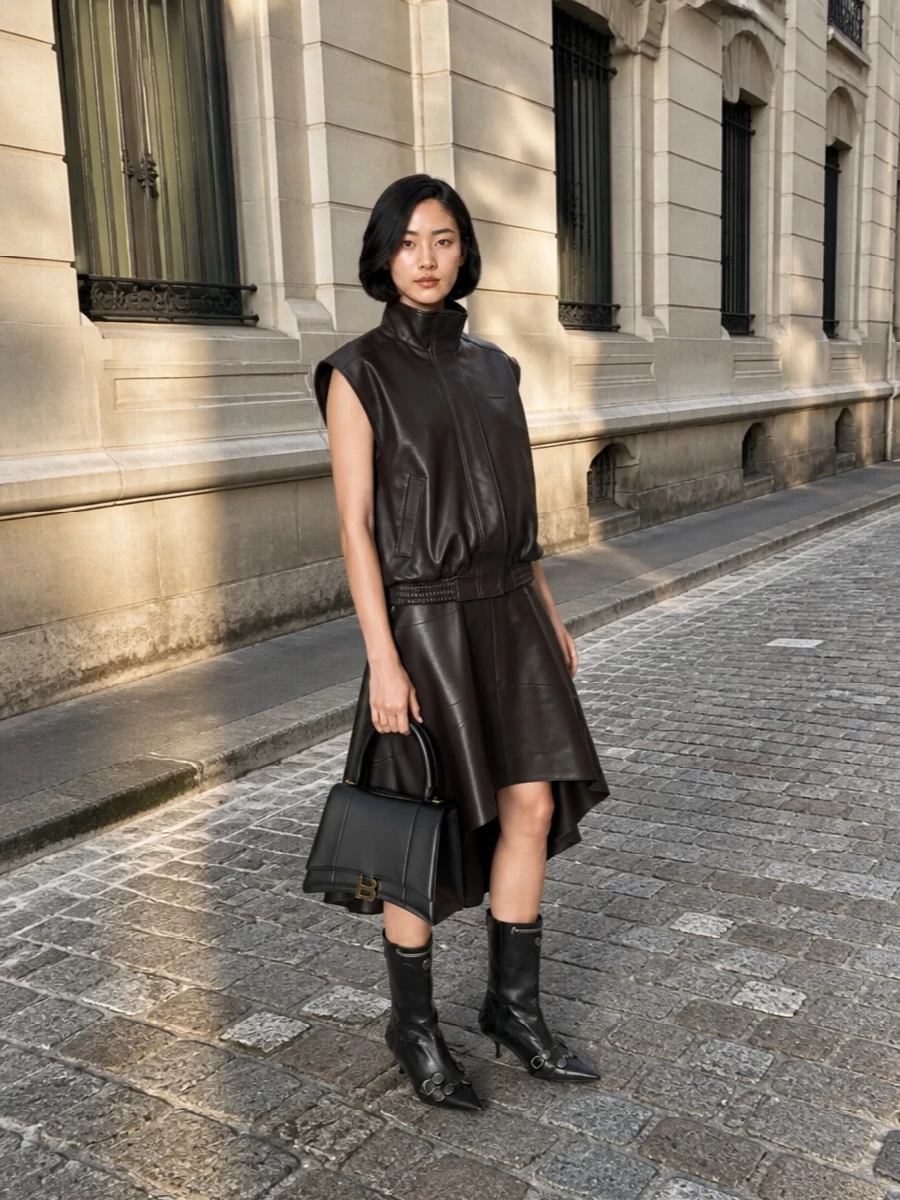 Balenciaga leather vest jacquemus mini dress outfit