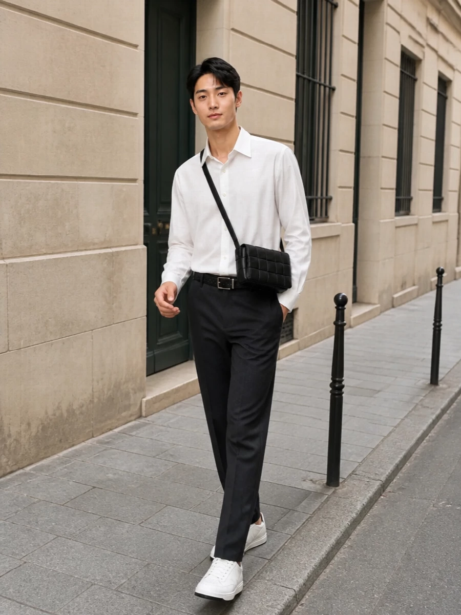 Prada white shirt charcoal trousers office outfit