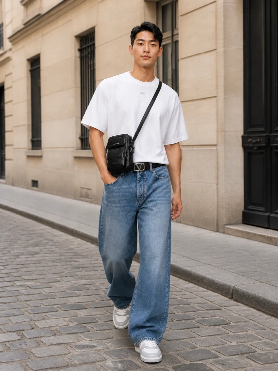 Off white wide leg jeans logo tee streetwear