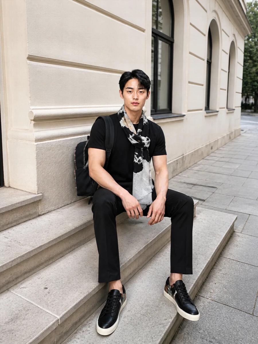 A clean black Burberry base sets up a quiet mix of heritage and street, with the check peeking out only in considered hits. Straight-leg chinos keep the line sharp but relaxed, while monochrome sneakers and a structured backpack stay tonal so the subtle branding does the talking. The lightweight graphic scarf adds just enough contrast for cooler days without breaking the minimalist palette.